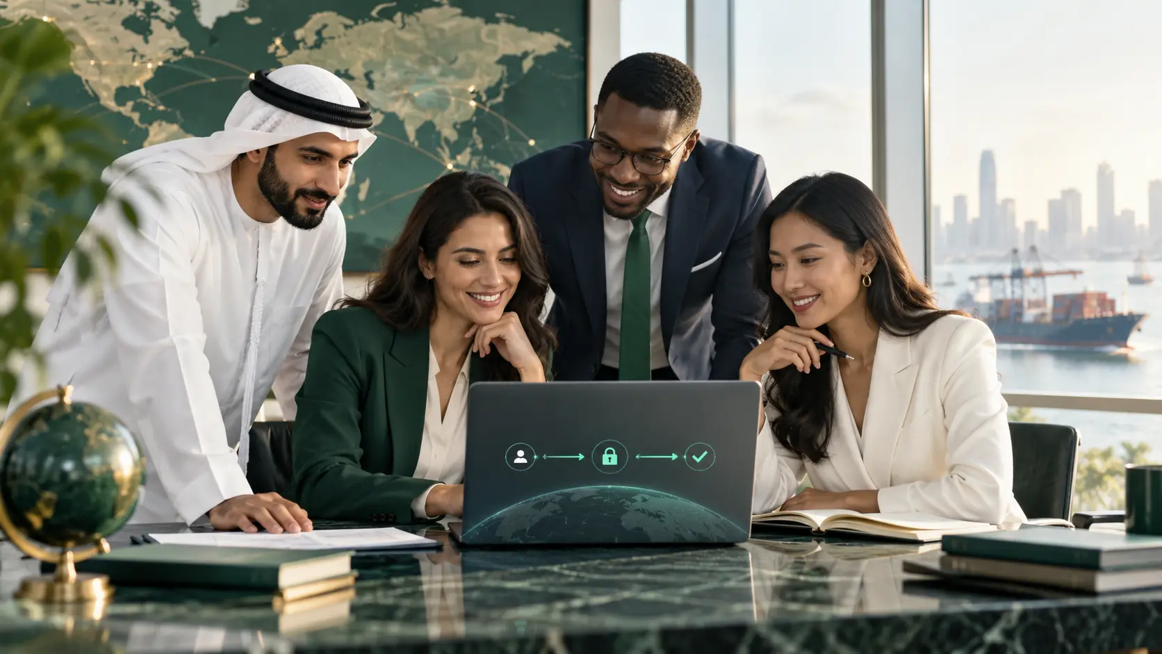 International business team reviewing a secure global transaction