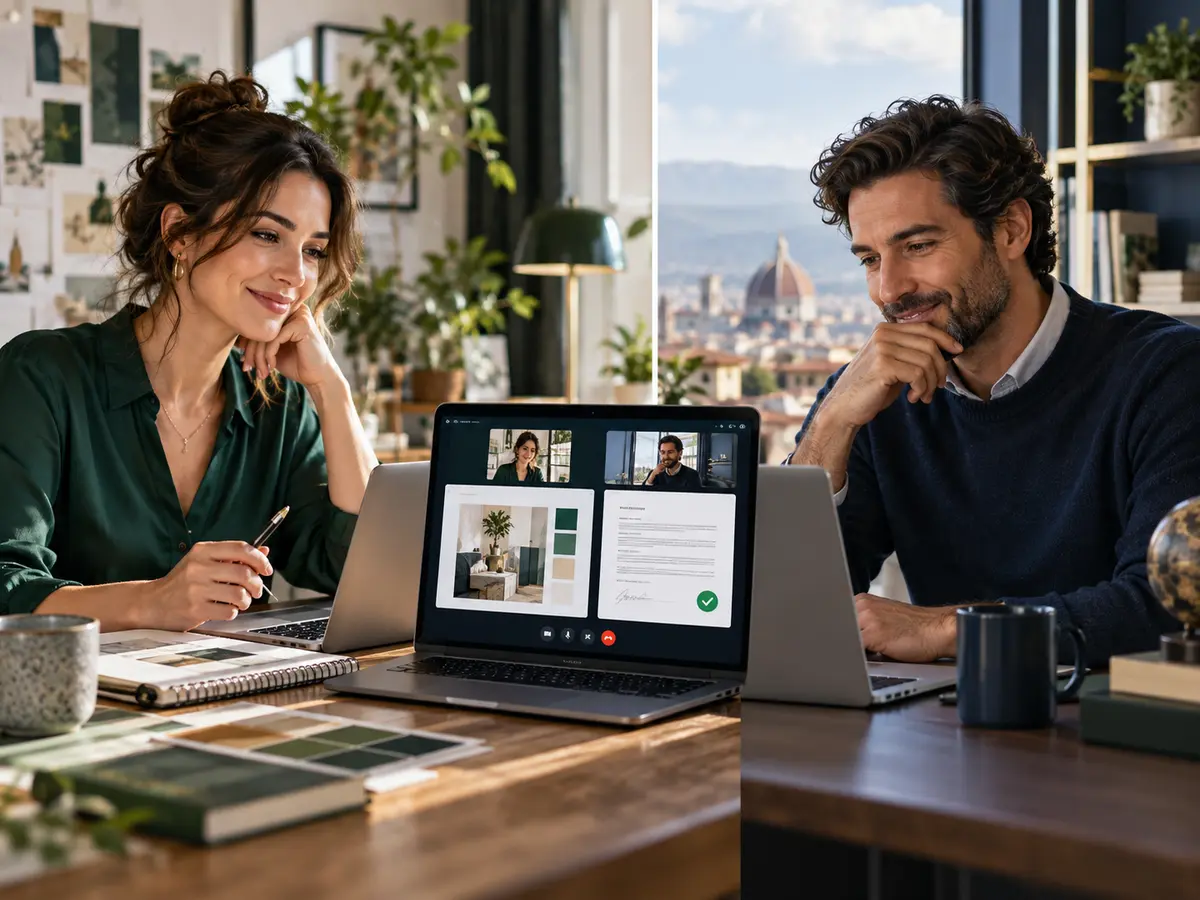 International professionals collaborating remotely on a milestone