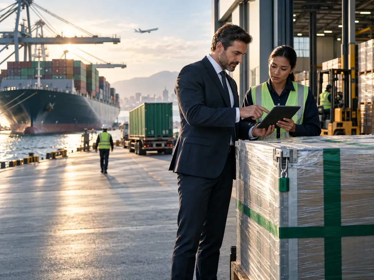 Buyer and logistics professional verifying a protected shipment